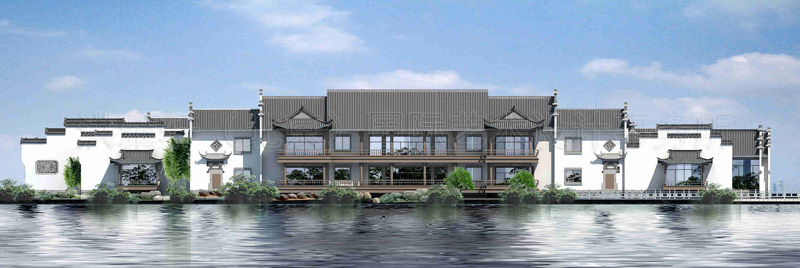 从徽派建筑立面效果图上可以看出,建筑物格特优美,环水而立,与亭台